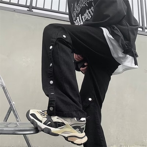 裤脚竖排扣开衩裤子多口袋拉链设计工装裤宽松直筒裤N663,男童冬款米色运动裤怎么搭配衣服图片