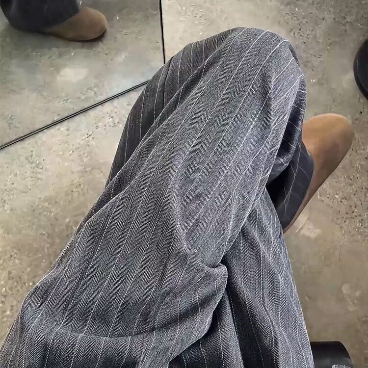 深灰色条纹休闲裤男秋季新款慵懒高级垂感直筒裤时尚百搭阔腿长裤,男装休闲裤,星座506A