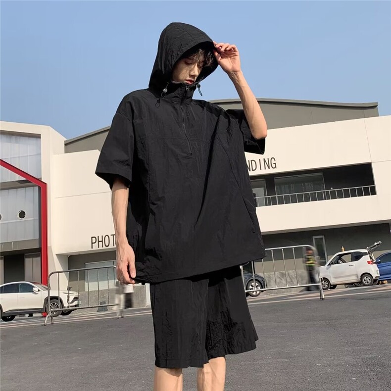 夏季男士日系风套装工装款短袖短裤休闲宽松外套衬衣薄款连帽,男装牛仔裤,星座1013