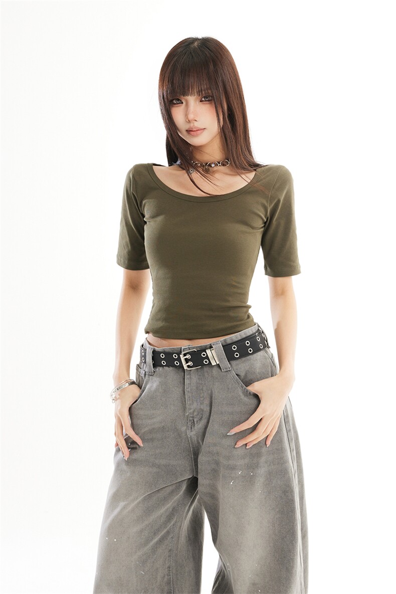 2026春季新款美式辣妹U领短袖T恤修身显瘦纯色短款上衣YD270-P30,男装T恤,星座509