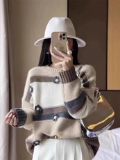 2024秋季新款圆领手工勾花纹针织衫女慵懒风宽松长袖，女装羊毛衫，千御纺羊绒