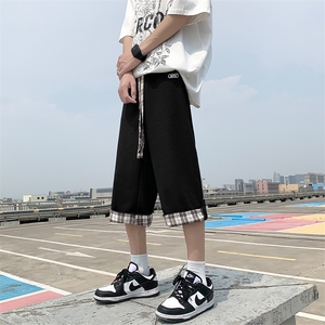 华夫格运动七分裤男夏季宽松ins潮卷边格子阔腿7分裤DK033-P33图片