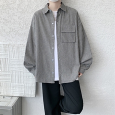 衬衫男春季新款港风宽松大码立体口袋纯棉条纹长袖衬衣CS3099-P42，男装衬衫，星座214-3