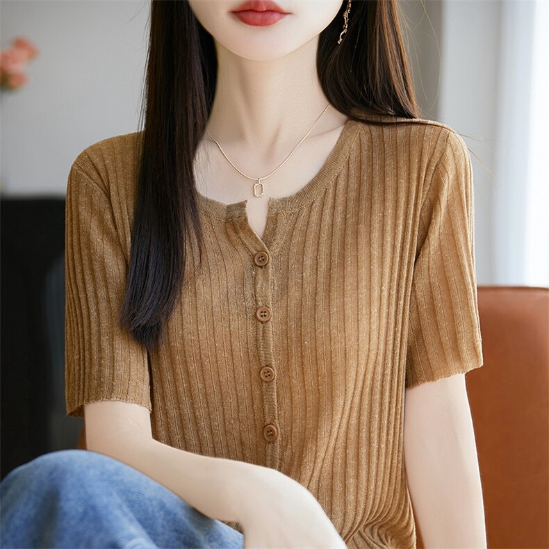 针织开衫女2025新款薄款短袖夏季圆领防晒开衫薄纱夏天空调衫外搭,女装T恤,暖烁特种纱工厂店
