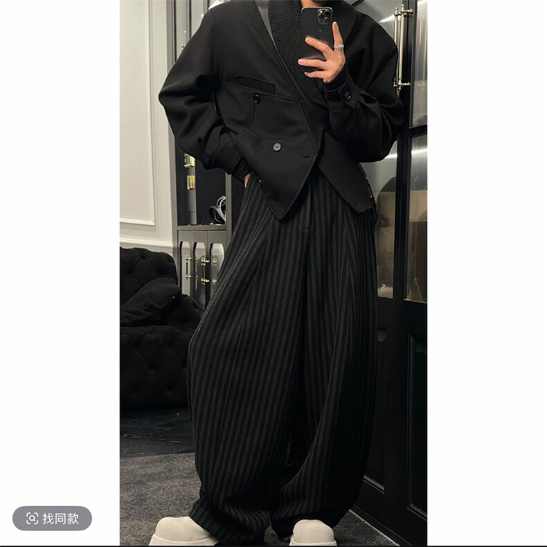 原版高克重加厚小众条纹弯刀阔腿长裤男潮K1006-P78(网图）,男装休闲裤,电商B267