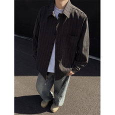 日系复古条纹百搭衬衫男长袖宽松翻领休闲衬衣外套潮J08-P52，男装衬衫，星座1001-1