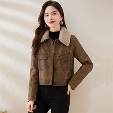 复古磨砂加绒小皮衣女修身短款2023冬季新款配毛领机车服pu皮夹克，女装棉衣/棉服，江南女神