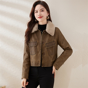 复古磨砂加绒小皮衣女修身短款2023冬季新款配毛领机车服pu皮夹克图片