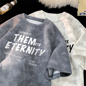 扎染做旧脏脏款宽松大版型落肩短袖印花T恤ZT06-P25图片