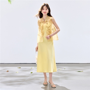 夏季新款现货！2026新中式重工刺绣植物花卉马甲+吊带连衣裙套装图片