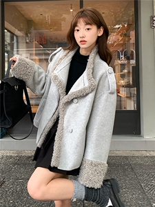 羊羔毛拼接毛呢外套女冬小个子休闲宽松加厚呢上衣图片