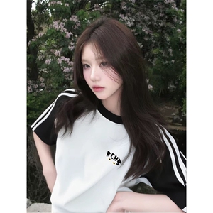 抖音得物品质二开240克宽松纯棉美式潮牌插肩三杠织带短袖T恤图片