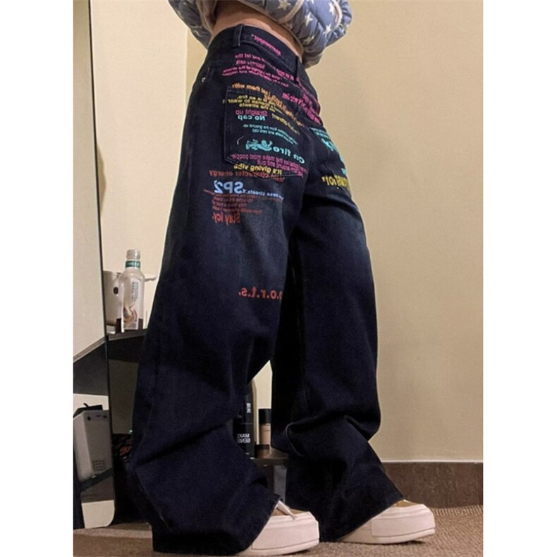 彩色字母标语阔腿牛仔裤女秋冬宽松休闲直筒拖地长裤NZ9048,男装牛仔裤,星座1116A（原606A-3）