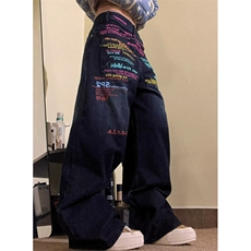 彩色字母标语阔腿牛仔裤女秋冬宽松休闲直筒拖地长裤NZ9048，男装牛仔裤，星座1116A（原606A-3）