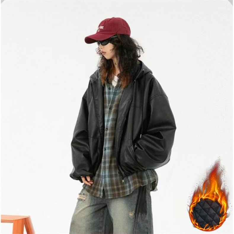 网图慎用连帽防水加厚皮衣男宽松皮棉衣棉服男女同款M8008-P105，男装皮衣，电商A006