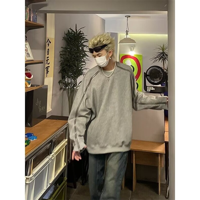 解构双拉链圆领廓形灰色长袖卫衣男休闲W16-P37图片