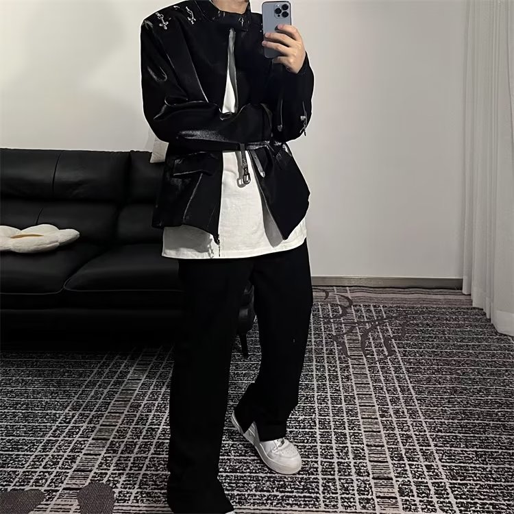 痞帅高级感黑色立领垫肩夹克上衣飞机扣设计感外套机车服,男装夹克,星座716-3