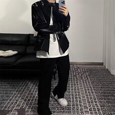 痞帅高级感黑色立领垫肩夹克上衣飞机扣设计感外套机车服，男装夹克，星座716-3