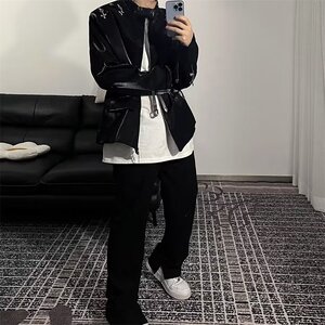 痞帅高级感黑色立领垫肩夹克上衣飞机扣设计感外套机车服图片