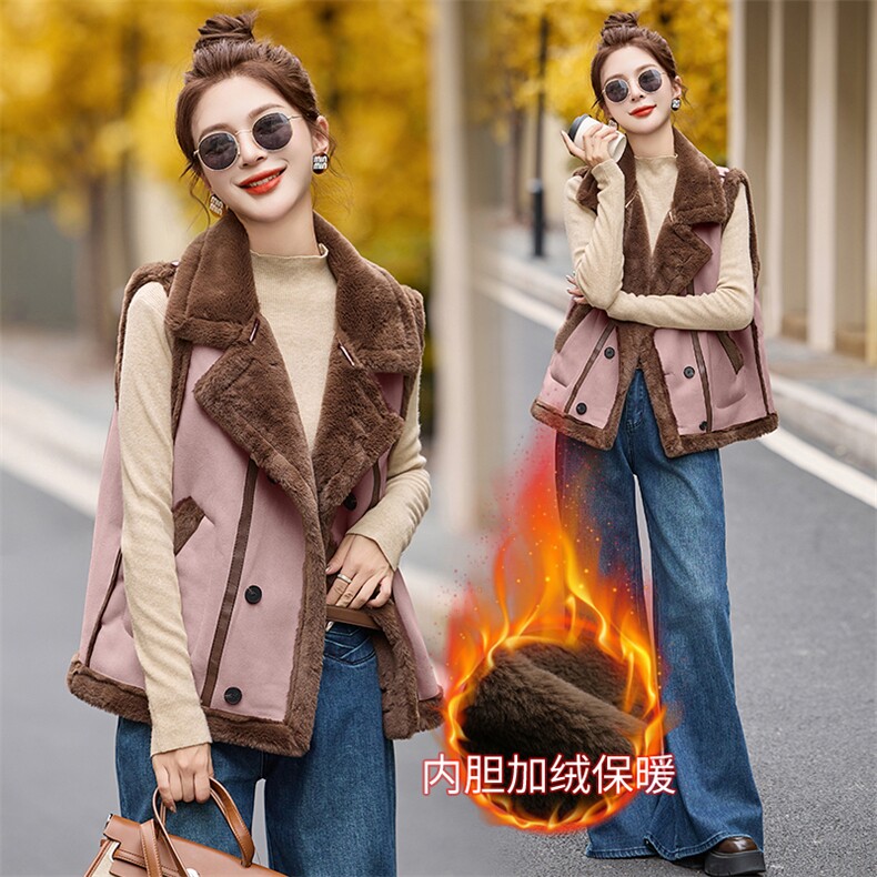 双排扣加绒加厚皮毛一体时尚马夹970P110,女装短外套,乐衣轩