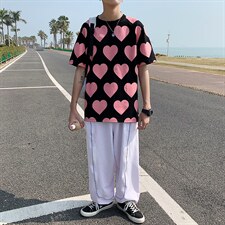 港风全身爱心印花短袖T恤男女夏季纯棉短袖情侣装T127P35控49,男装T恤,电商A089-1