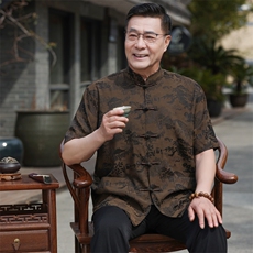 主推风唐装男夏新款香云纱立体扣冰丝提花短袖中老年套装，男装民族服装，钱塘723