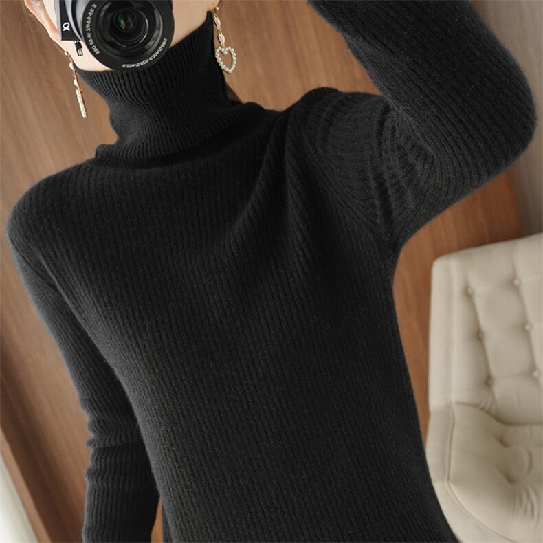 时尚百搭女士高领羊毛衫修身显瘦长袖针织毛衣，女装羊毛衫，开创羊绒