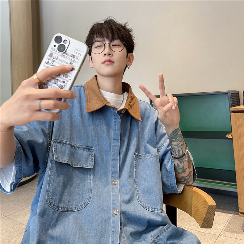 XZ222-1/NZCS1/P75/控98工装牛仔休闲高街大码短袖衬衫,男装衬衫,星座809A(原222-1)