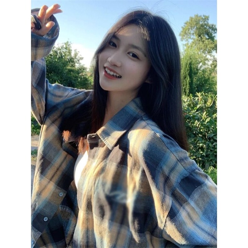 设计感小众休闲慵懒BF风别致港风复古格子衬衫，女装衬衫，星座617A-2