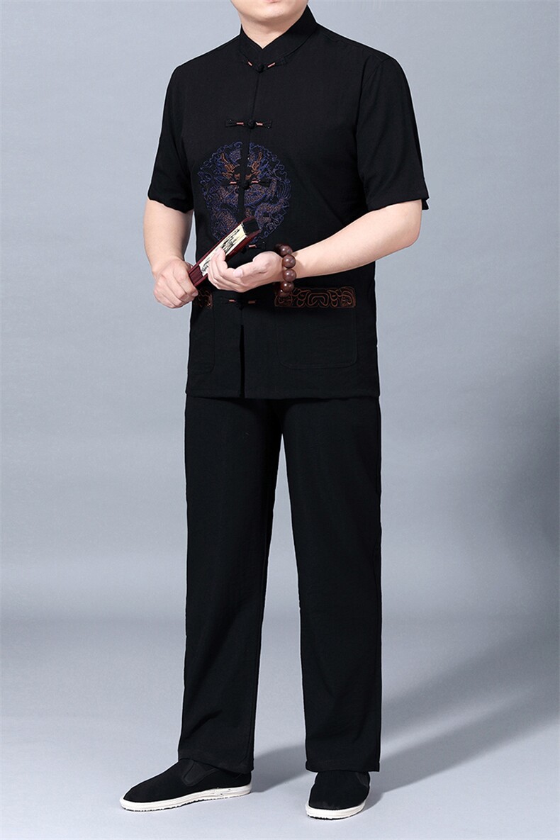 男士套装2023夏季新款中年爸爸短袖唐装男式衬衫风盘扣两件套,男装民族服装,电商B212（原钱塘6029）