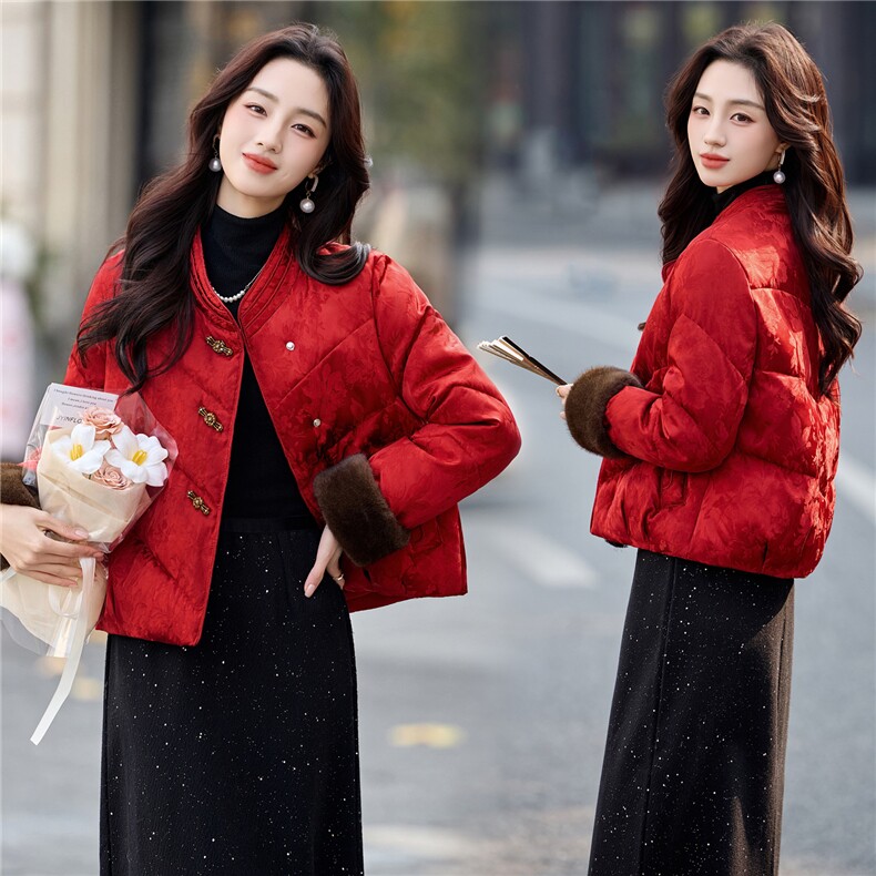 新中式guo风2025年冬季新年主推款可拆卸袖毛暗纹提花气质棉衣，女装棉衣/棉服，乐吉娜