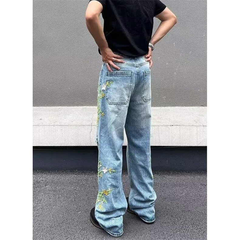 夏季2025花卉刺绣牛仔裤男女宽松垂感直筒休闲百搭长裤子NT5633,男装牛仔裤,星座1116A（原606A-3）