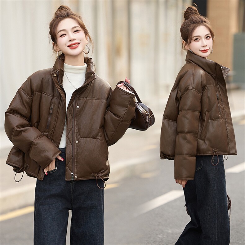 现货BAO款免洗pu皮羽绒服女短款2024新款冬季加厚立领面包羽绒服，女装羽绒服，仟媚宠