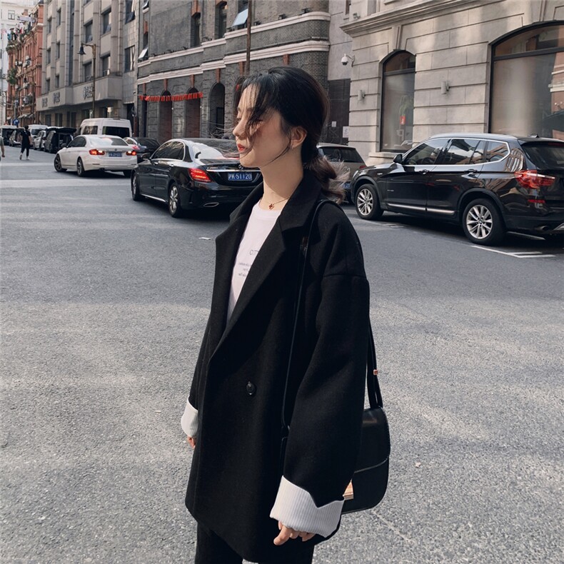 黑色西装毛呢外套女秋冬2022新款宽松休闲小个子加厚短款呢子大衣,女装毛呢外套,浙宝088