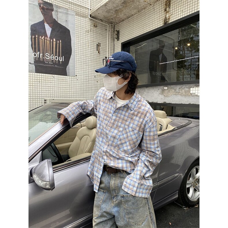 雀斑男装美式复古炒色工艺格子长袖衬衫男女春夏防晒宽松休闲衬衣图片