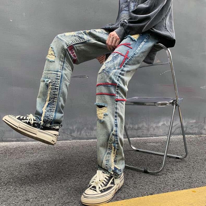 欧美高街vibe裤子红线刺绣破洞牛仔裤男美式hiphop做旧直筒乞丐裤,男装牛仔裤,星座218-8