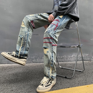 欧美高街vibe裤子红线刺绣破洞牛仔裤男美式hiphop做旧直筒乞丐裤图片