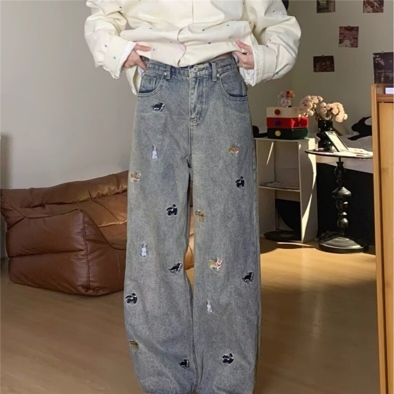 趣味小狗刺绣牛仔裤女夏季新款高腰显瘦直筒阔腿拖地裤子NZ6626，男装牛仔裤，星座516A