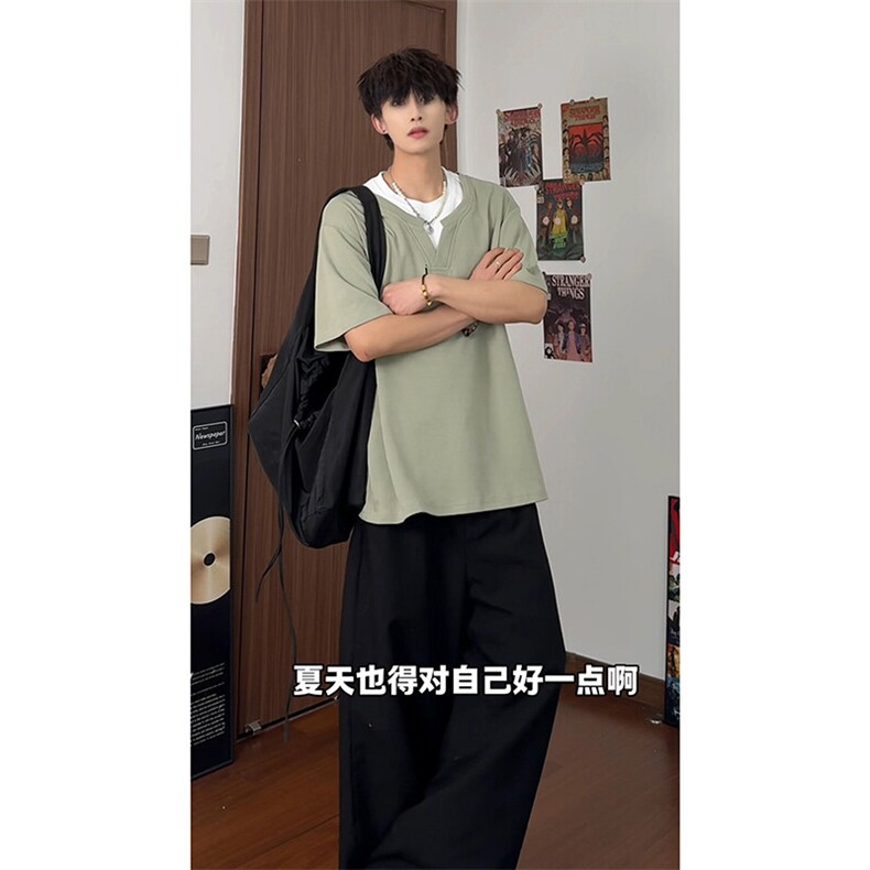 250克高品质面料打造小众设计的假两件短袖潮牌上衣HY735TP38控68,男装T恤,电商A102B