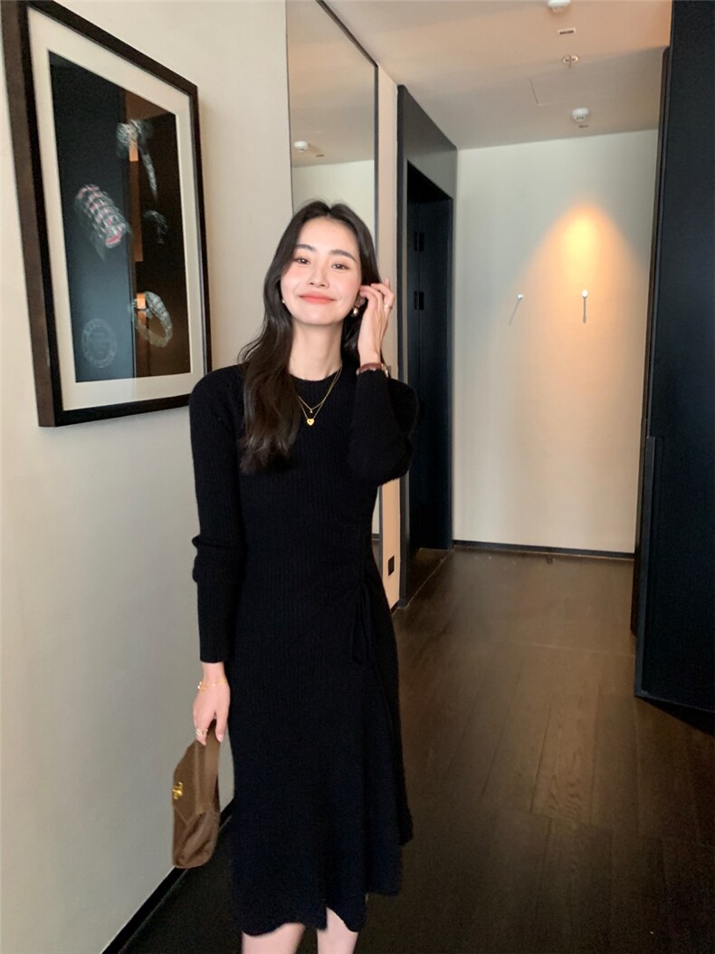 法式连衣裙女秋冬修身纯色套头中长款毛衣裙过膝针织连衣裙子,针织衫/毛衣,玛卡隆羊绒