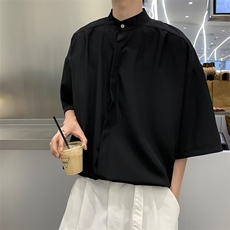 新中式风衬衫男短袖立领高级感垂感冰丝衬衣复古外套P32，男装衬衫，星座1116-2