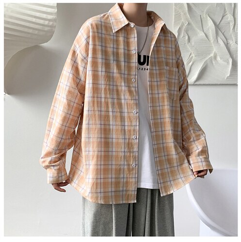 格子衬衫男长袖秋季新薄款ins潮牌港风日系宽松衬衣外套CS702P45，男装衬衫，电商B413-1