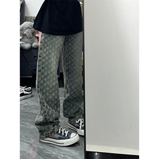 蓝色提花满印牛仔裤男夏季小众直筒裤美式高街vibe裤子G63，男装牛仔裤，星座1116A（原606A-3）