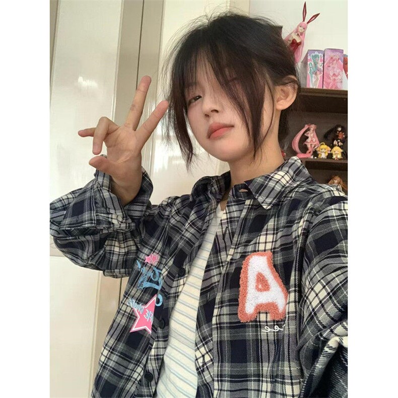 格子衬衫女春秋季美式设计感小众叠穿衬衣外套长袖上衣C46,男装衬衫,星座1116A（原606A-3）