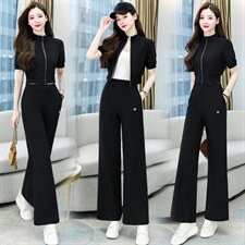 尾货通勤大牌外贸高端专柜牛货新款长袖撞色拉链上衣配阔腿裤套装，女装套装/套裙，卡杰菲