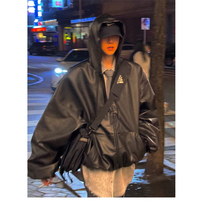 【有货】DWB933-P73短宽廓形连帽皮衣外套微光泽感环保PU防风衣,男装皮衣,星座603-2
