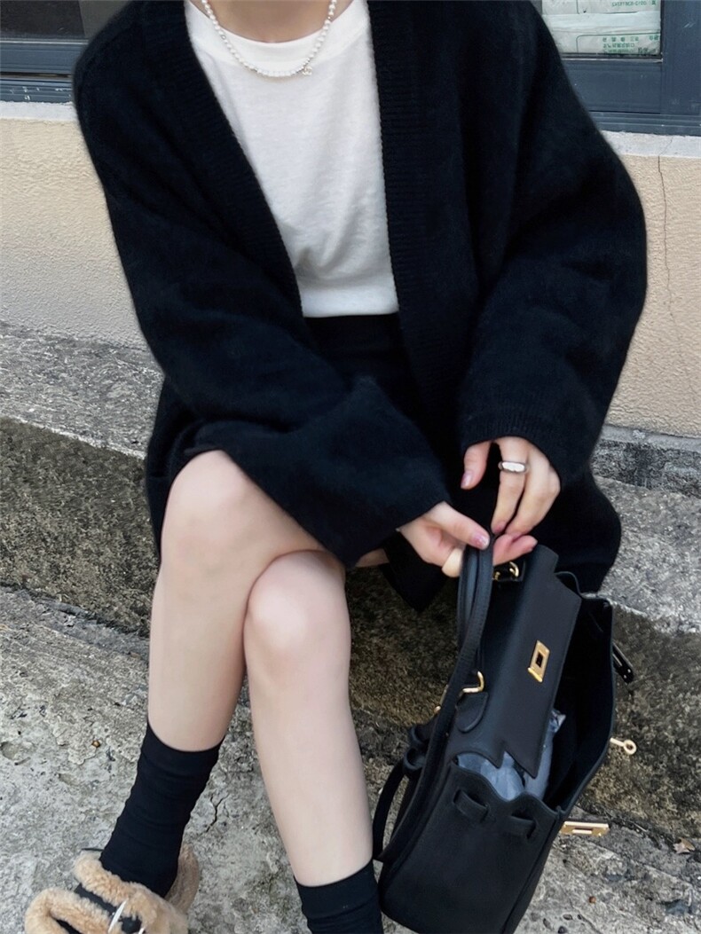 韩版休闲慵懒风中长款羊绒针织开衫女秋冬宽松大码V领羊毛外套图片