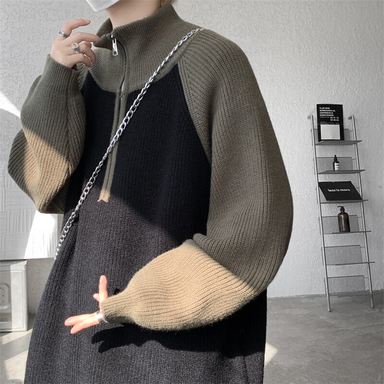 8XL-M撞色半拉链毛衣宽松慵懒风插肩袖大码针织衫外套MY1513/P75图片