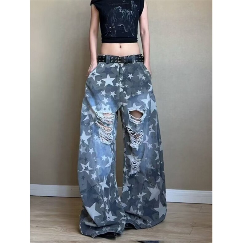 星星印花破洞牛仔裤男女夏季高腰宽松显瘦直筒拖地阔腿裤NZ7026,男装牛仔裤,星座1116A（原606A-3）