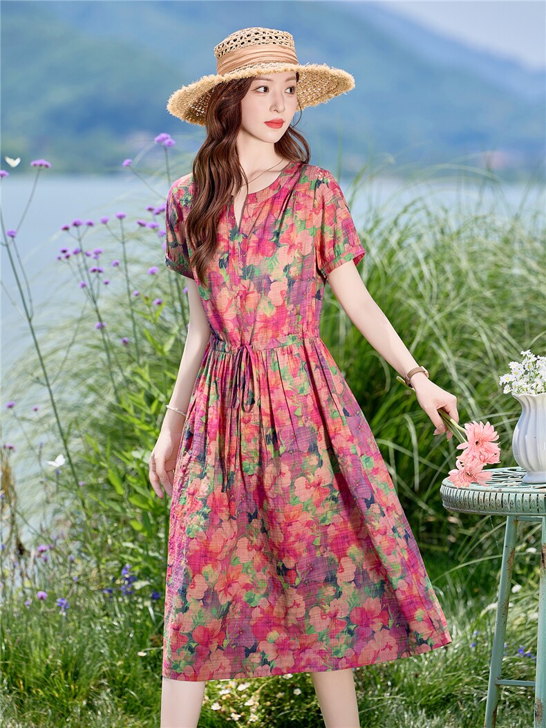 优雅碎花棉麻短袖连衣裙女夏2026新款小个子收腰显瘦气质减龄长裙,女装连衣裙,倪叶myz